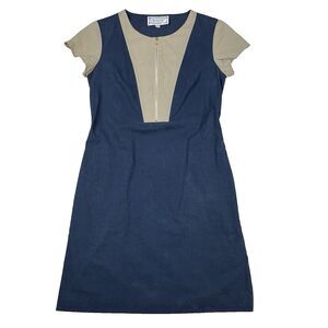 ANNELORE NYC Navy/Beige Color Block Sheath Dress Knee Size 6 Casual Professional